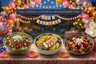Праздничный стол на открытом воздухе, украшенный аркой из розовых, золотых и серебряных воздушных шаров и гирляндами из лампочек. На столе на скатерти с цветочным узором стоят три тарелки с разными салатами: с киноа и овощами, с курицей и цитрусовыми, со свеклой и ягодами. Над столом висит баннер с надписью "ТОП-5 ЛЕГКИХ САЛАТОВ НА ПРАЗДНИЧНЫЙ СТОЛ". По бокам от стола стоят крупные экзотические цветы, такие как протея и магнолия. Разбросанные лепестки роз дополняют праздничную атмосферу.