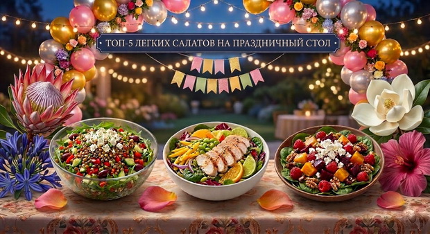 Праздничный стол на открытом воздухе, украшенный аркой из розовых, золотых и серебряных воздушных шаров и гирляндами из лампочек. На столе на скатерти с цветочным узором стоят три тарелки с разными салатами: с киноа и овощами, с курицей и цитрусовыми, со свеклой и ягодами. Над столом висит баннер с надписью "ТОП-5 ЛЕГКИХ САЛАТОВ НА ПРАЗДНИЧНЫЙ СТОЛ". По бокам от стола стоят крупные экзотические цветы, такие как протея и магнолия. Разбросанные лепестки роз дополняют праздничную атмосферу.